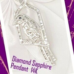 14K White Gold Bird on a Swing Pendant - 2.45ctw Baguette Diamonds & Saphire Eye